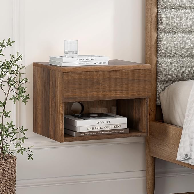 Floating Nightstands Set of 4 with Drawer and Open Shelf, Small Wall Mounted Bedside End Table, Modern Fluted Night Stand for Bedroom, Living Room, Brown