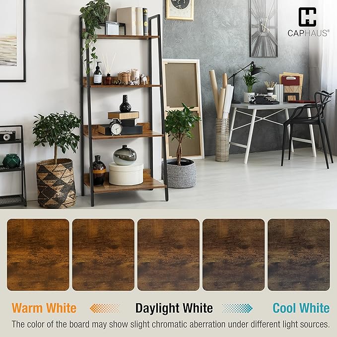 CAPHAUS 4 Tier Ladder Bookshelf, 24 Inch Width Free Standing Shelf, Bookcase Shelf Storage Rack Organizer, Industrial Book Shelves for Home Office, Living Room, Kitchen, Rustic Oak, Vintage Shelves