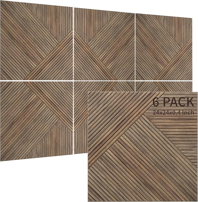 TO-TH Acoustic Panels for Wall and Ceiling - 6 Pack 2'x2'x0.4,Self-Adhesive 3D UV Printing Decorative Wall Panels with Wood Look,Natural Walnut