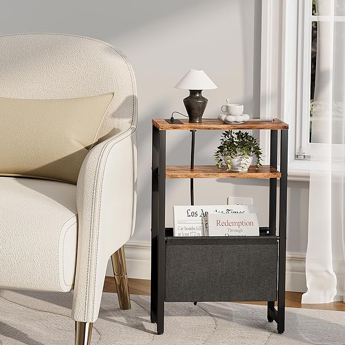 Narrow Side Table with Charging Station Slim End Table Sofa with Magazine Rack, Bedside Table for Small Spaces, 3 Tier Nightstand for Living Room Couch, Bedroom Rustic Brown LET503RE