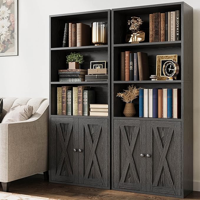 IRONCK Industrial Bookshelves and Bookcases with Doors 11.8 in Depth Set of 2 Floor Standing 5 Shelf Display Storage Shelves Bookcase Home Decor Furniture for Home, Office, Living Room, Bedroom