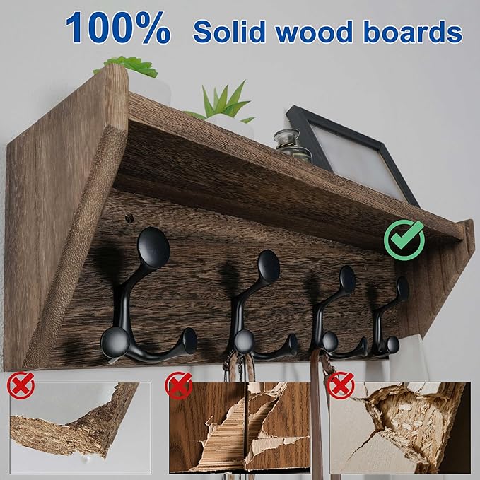 WEBI Wall Shelf with Hooks Underneath,24” Long Wall Mounted Coat Rack with Shelf,Entryway Coat Rack with 4 Triple Hooks for Hanging Coats,Jacket,Hallway,Bedroom,Mudroom,Weathered Brown