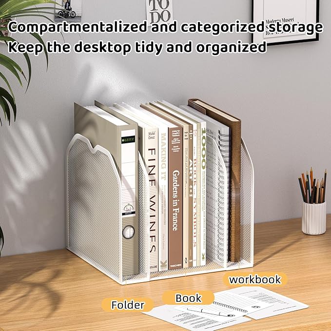 White 5-Section File Folder Organizer for Desk – 8.5"×9.3" Metal Vertical File Holder, Desktop File Organizer Vertical Stand, Letter/A4 Upright File Sorter
