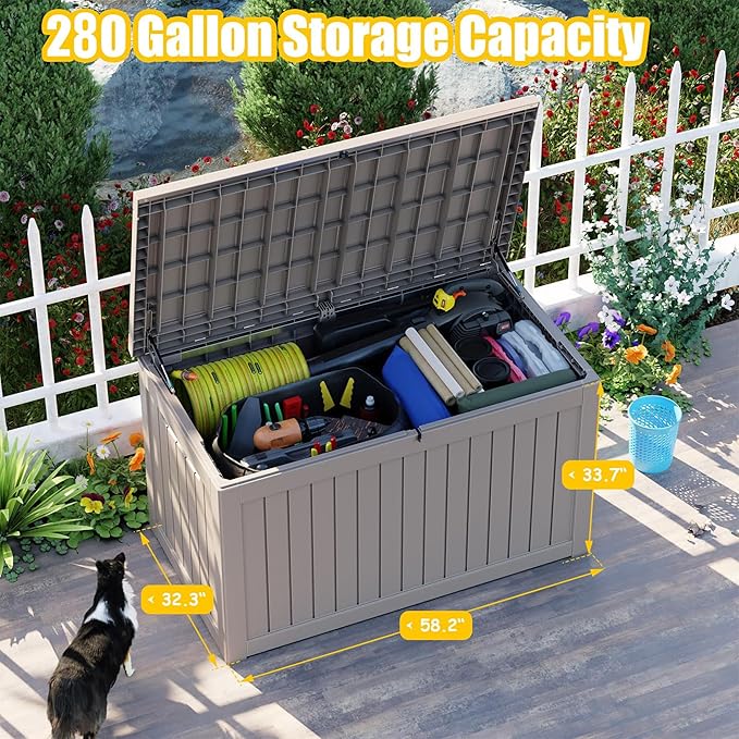 280 Gallon Outdoor Deck Box,Storage Lockable Waterproof Patio Furniture,Garden Tools,Cushions,Pool Accessories Outside Storage Resin Box(Grey)