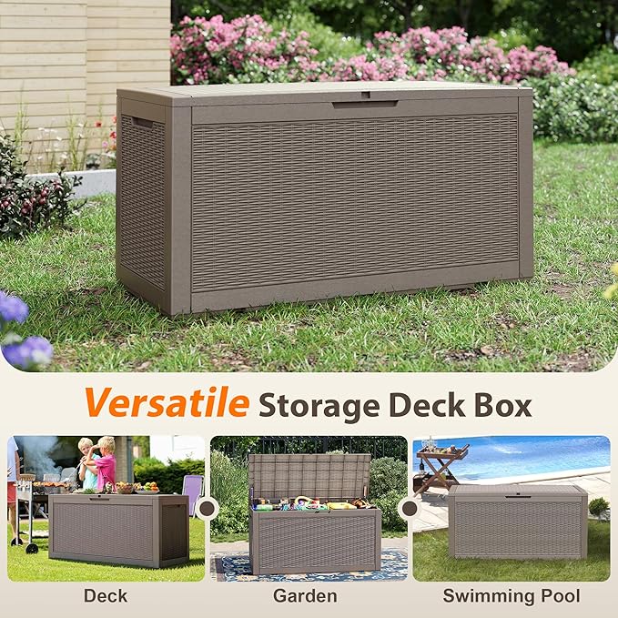 100 Gallon Outdoor Storage Box Waterproof, Resin Deck Box Doubles as 2-Person Bench Seat, Lockable Patio Storage Boxes Outdoor Waterproof for Furniture, Gardening Tools, Grey