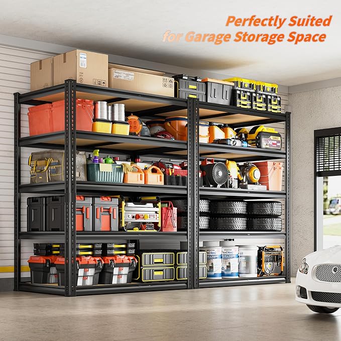2050LBS Storage Shelves Heavy Duty 5 Tier Garage Storage Shelving, Adjustable Metal Shelving Unit Utility Rack Shelf for Warehouse, Pantry, Closet, 72" H x 35.56" W x 16" D, Black.2PCS