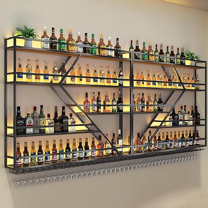 63in Large Wall Mounted Wine Rack 4 Tier Metal Wine Bottle Holder Modern Diamond Design Floating Bar Liquor Bottles Storage Rack for Home Restaurant Bar Decorative (Black, 4 Tier - 63in)