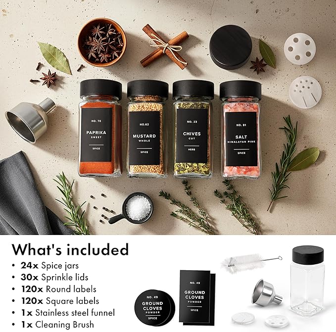 Square Spice Jars with Black Bamboo Wooden Lid (Pack of 24) Spice Jars with Shaker Insert and 240 Labels - Bamboo Lid Glass Container for Spice Organisation [4.3 in × 1.8 in]