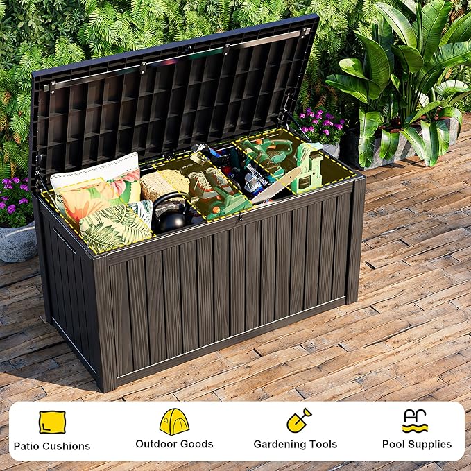 180 Gallon Large Deck Box,Resin Outdoor Storage Box with Lockable for Patio Furniture, Pool Accessories, Garden Tools Waterproof Outside Storage Box, Black