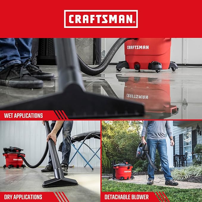 Craftsman CMXEVBE17607 16 Gallon 6.5 Peak HP Wet/Dry Vac with Detachable Leaf Blower, Heavy-Duty Shop Vacuum with Attachments and Dust Collection Bags