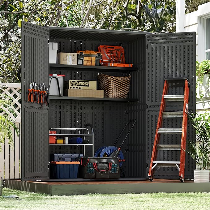 EHHLY Vertical Resin Storage Shed, 60 Cuft Garden Tool Sheds & Outdoor Storage, Plastic Outdoor Storage Cabinet Waterproof, 4.5 x 2.3 ft Backyard Outside Lawn Mower Storage Shed, Grey