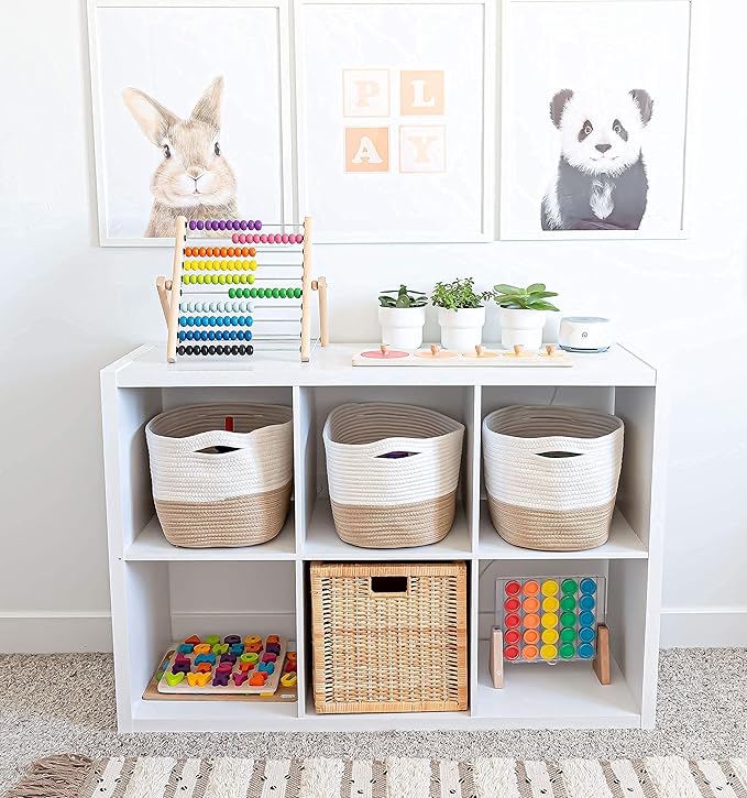 OrganiHaus Set of 3 Woven Storage Baskets for Shelves, Decorative Organizer Bins for Closet & Bathroom, Multipurpose Home Organization Baskets, Toy Storage Basket - Honey/Off-White, 15x9x10 inches