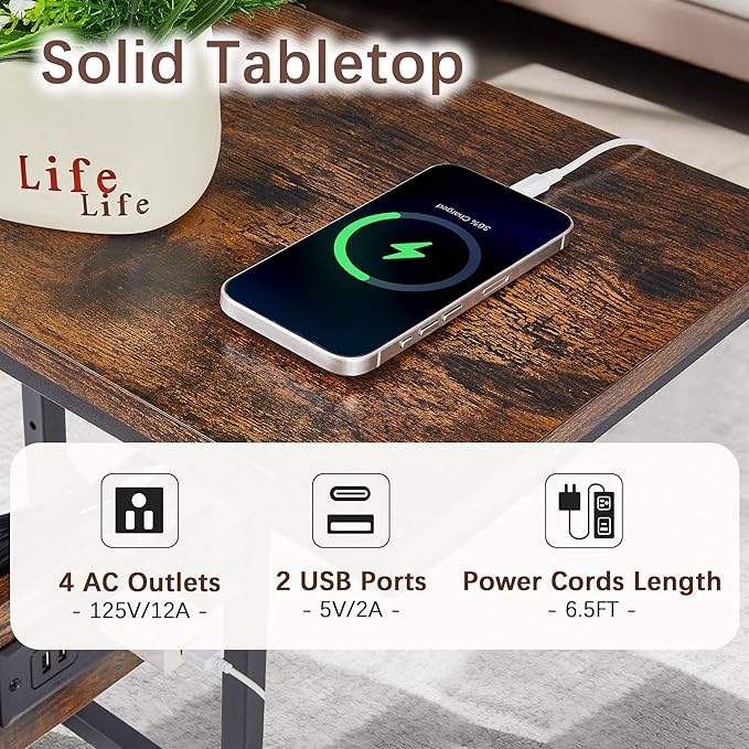 VECELO C Shaped End Side Table with Charging Station & Power Outlets for Couch Sofa/Bed, Snack TV Tray with Metal Frame for Living Room Bedroom 1 PCS, Brown