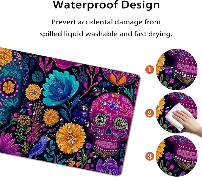 31.5”x11.8”Large Gaming Mouse Pad for Desk, Mouse Mat with Seamed Edges, Waterproof Desk Pad, Non-Slip Rubber Base, Keyboard Pad Computer Mat, Big XL Mousepad-Skull Flower