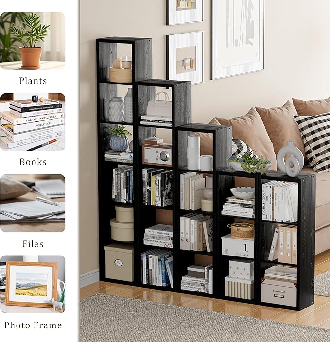 Cube Storage Organizer Bookcase, Small 4 Tier 11 inch Open Back Cubical Shelf with Thickened Border, Display Bookshelf for Living Room, Home Office, Sturdy Room (Black, 4 Cube,Vertical)
