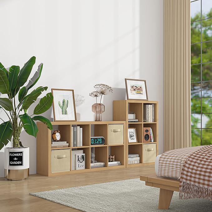 furtble Bookshelf with Storage Bin, 4-Cube Storage Organizer, Modern Wood Open Bookcase, Multifunctional Display Shelf for Living Room, Bedroom, Home Office, Oak