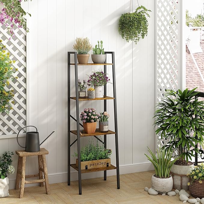 Hoctieon 4-Tier Industrial Ladder Bookshelf, Narrow Ladder Shelf, Tall Standing Bookshelf, Skinny Open Ladder Shelf, for Living Room, Home Office, Kitchen, Bedroom, Metal Frame, Rustic Brown