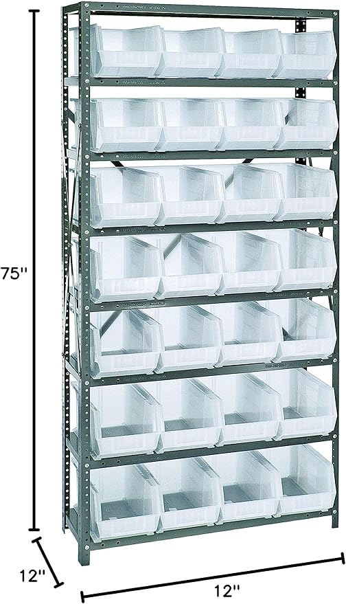 Quantum Storage Systems QSBU-240CL Giant Open Hopper Steel Shelving System, 12" D x 36" W x 75" H, with 8 Shelves and 28 QU240 Bins, Clear