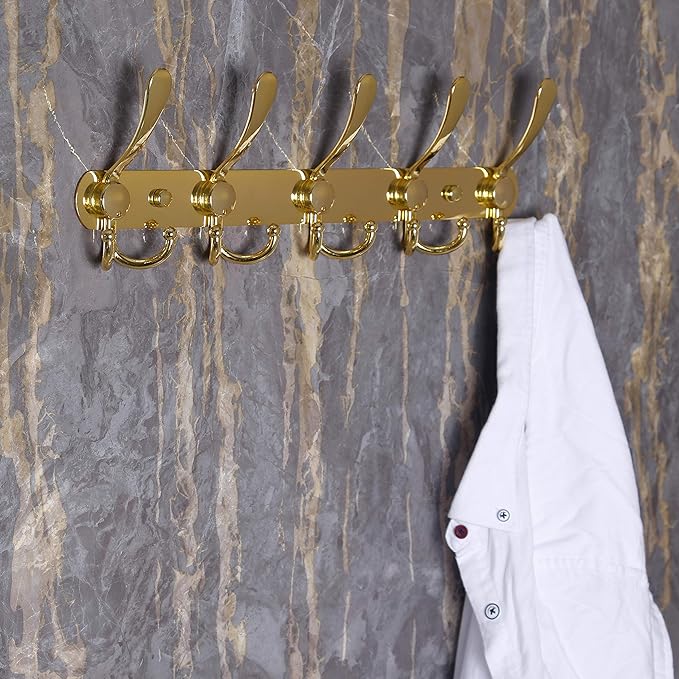 Dseap Coat Rack Wall Mounted - 5 Tri Hooks, Heavy Duty, Stainless Steel, Metal Coat Hook Rail for Coat Hat Towel Purse Robes Mudroom Bathroom Entryway,Gold