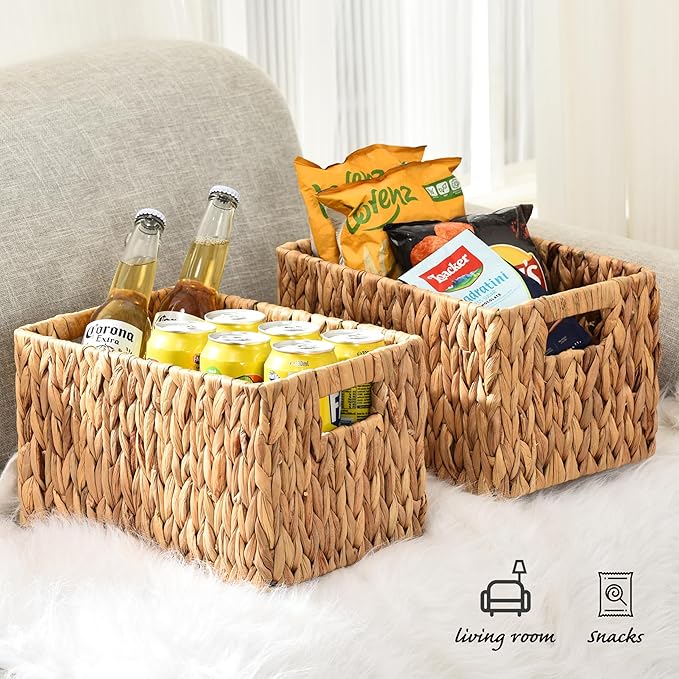 ELONG HOME Water Hyacinth Rectangular Wicker Baskets, 12" Wicker Basket 2 Pack, Woven Storage Baskets with Handles