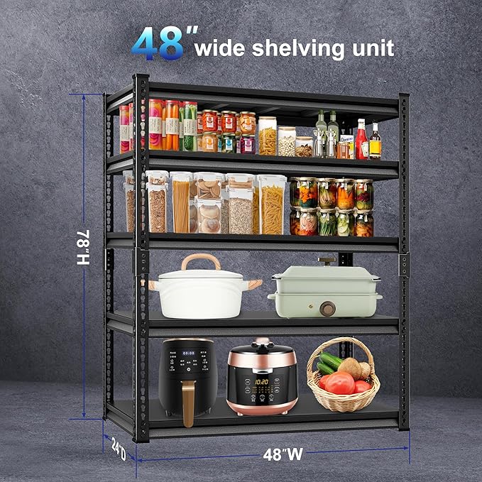 Heavy Duty Garage Shelves - 48''W 3,000Lbs Steel Metal Adjustable Utility Industrial Storage Shelving Rack Units for Warehouse Basement 5 Tier Black 47.2" W x 23.6" D x 78" H