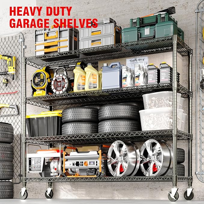 71" H Storage Shelves 2640LBS Heavy Duty Shelving Unit with Wheels & Feet, 4-Tiers Garage Shelving for Pantry Garage Kitchen Home Commercia, 71.8" H x 59" W x 17.7" D