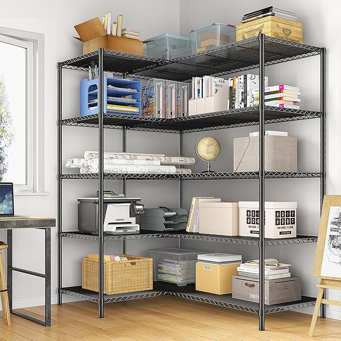 70.8H Wire Shelving Rack, 5Tier Metal Shelving Unit,1400LBS Heavy Duty Storage Shelves,Adjustable Pantry Shelves, Metal Shelf and Storage Rack,Industrial Shelving 52.36W x13.78Dx70.8H,Black