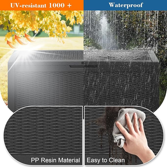 100 Gallon Outdoor Storage Box Waterproof, Resin Deck Box Doubles as 2-Person Bench Seat, Lockable Patio Storage Boxes Outdoor Waterproof for Furniture, Gardening Tools, Black