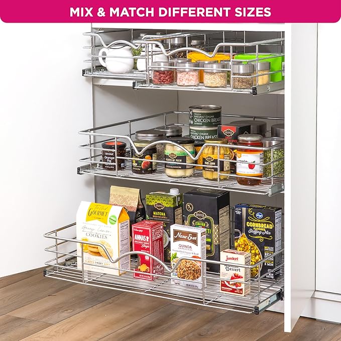 HOLDN’ STORAGE Heavy-Duty Premium Collection Pull Out Cabinet Organizer, Cabinet Drawer Slide Outs, Lifetime Limited Warranty - Basket Size 17" W x 21" D x 5" H, Anti-Rust Chrome Finish