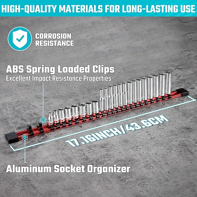 DURATECH Socket Organizer, 1/4-Inch Aluminum Alloy Socket Holder, Heavy Duty Socket Rail Hold 24 Sockets