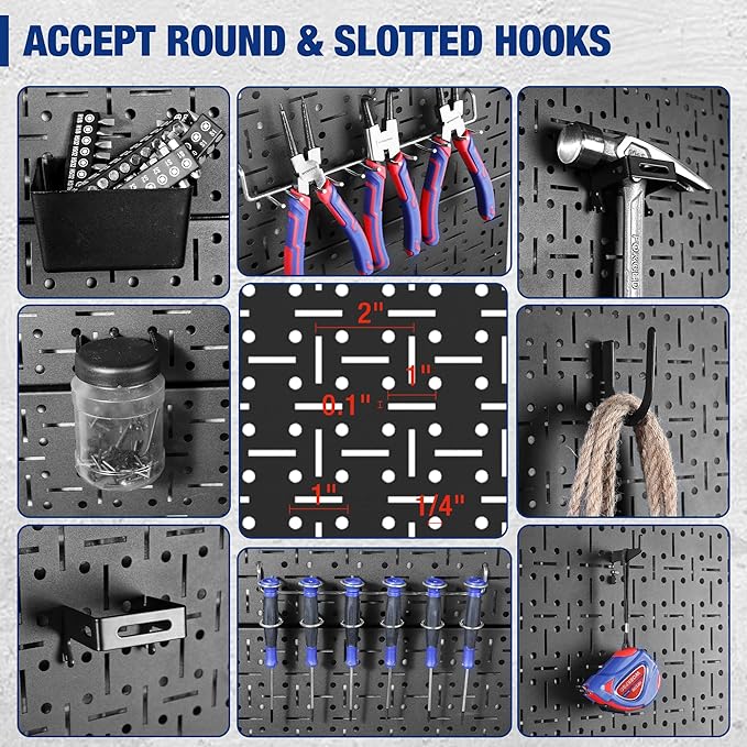WORKPRO Metal Pegboard 16”x 32” Steel Panel with Round Holes & Vertical Slots, Black Heavy Duty Garage Peg Board Wall Pegboard Organizer for Wood Working Work Shop, Craft Room, 2 Pack