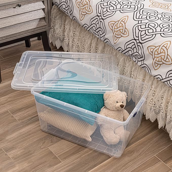 Superio Storage Bins with Lids- Clear Boxes for Organizing, Stackable Plastic Containers- BPA Free, Non-Toxic, Odor Free, Organizer for Home, Office, Dorm (8 Pack, 44 Qt (Wheeled))