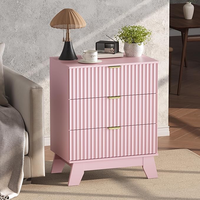 Night Stand Set 2, Bedside Table & End Table, Mid Century Modern Fluted Wood Nightstand with 3 Drawers & Metal Handles, Farmhouse Nightstand for Bedroom, Pink
