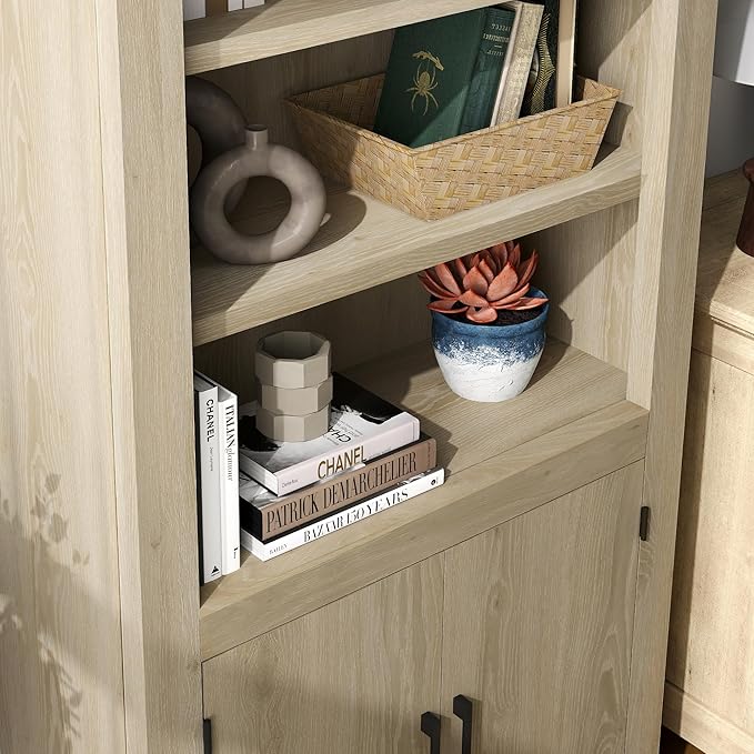 Standard Bookcase with Doors, Bookshelves Floor Standing 5 Tier Adjustable Shelves Organizer and Storage, Solid Bookshelf for Home Office, Living Room, Bed Room