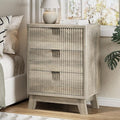 Fluted Nightstand with 3 Storage Drawers, 24" Wide Wood Bedside Table with Mental Handle, Mid Century Modern Wooden Side Table Night Stand, Curved End Table for Bedroom, Living Room, Grey