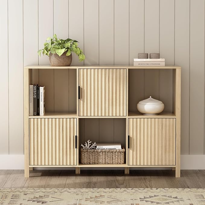 Fluted Storage Bookshelf Set of 2, Modern Wood Floor 6 Cube Bookcase with Doors and Open Shelf, 2-Tier Short Organizer Shelf for Living Room, Bedroom Light Oak