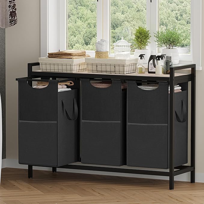 Heybly Laundry Hampers, 3 × 12.5 Gal Laundry Basket with Large Desktop Sorter for Laundry Room organization, Bathroom and Dorm Laundry Bags on Storage Shelf Greige HLH003SG