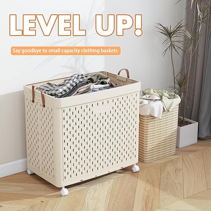 UAK Laundry Basket with Wheels, Collapsible Plastic Laundry Hamper with Handle, Foldable Laundry Basket Organizer for Laundry and Bathroom Ivory, XXXXL (110L)