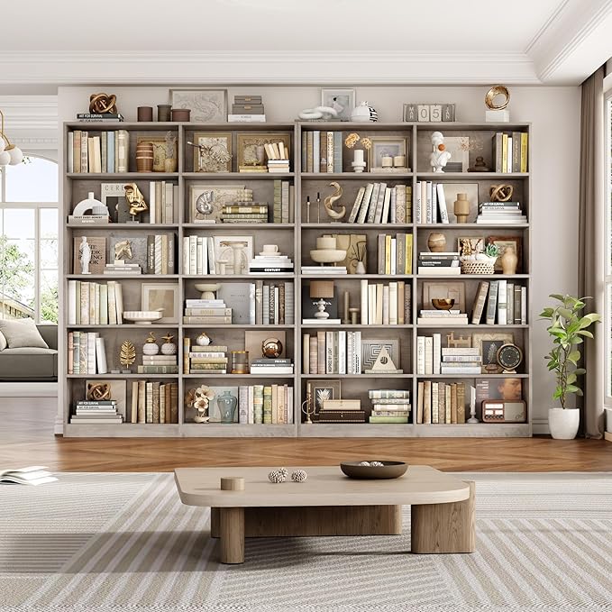 FACBOTALL Bookshelf and Bookcase, 6-Tier Double Wide Bookshelves, Freestanding Display Storage Shelves, Tall Bookcases for Home Decor Bedroom, Living Room, Home Office, Wash Gray