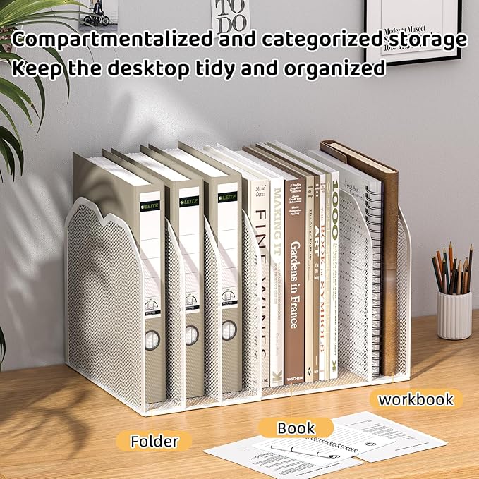 White 7-Section File Folder Organizer for Desk – Metal Vertical File Holder, Desktop File Organizer Vertical Stand, Letter/A4 Folder Rack, Upright File Sorter, Office Paper Organizer