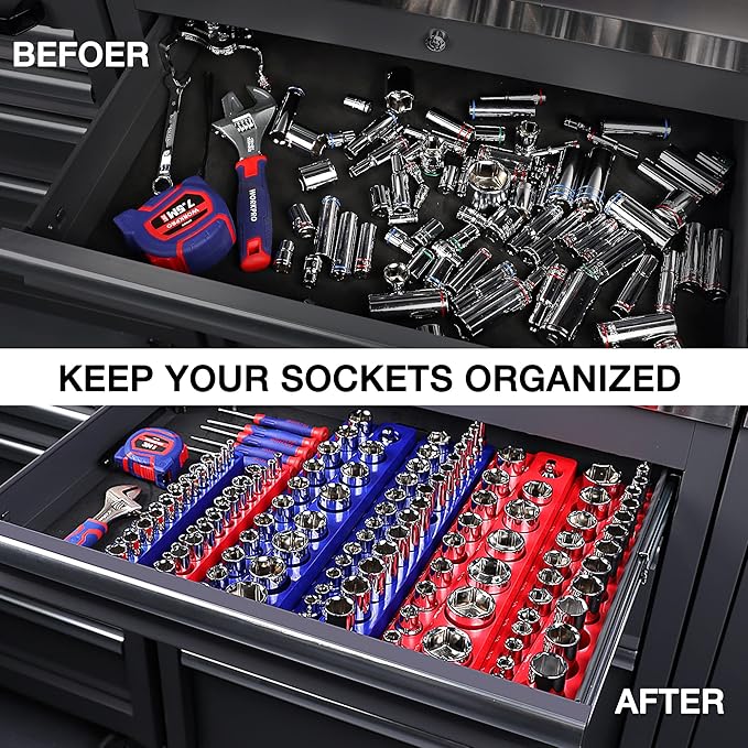 WORKPRO Magnetic Socket Organizer, 1/2-Inch Metric Socket Holder, Socket Trays Holds 19 Pieces Standard Size and Deep Size Sockets(Sockets not Included)