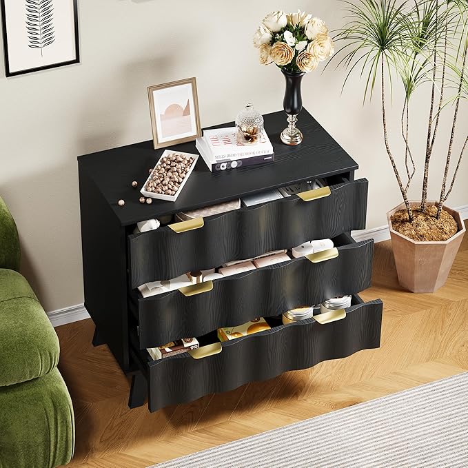 3 Drawer Dresser, Fluted Chest of Drawers with Handles for Closet, Large Nightstand with 3 Drawers Accent Cabinet for Bedroom, Living Room, Hallway (Black)