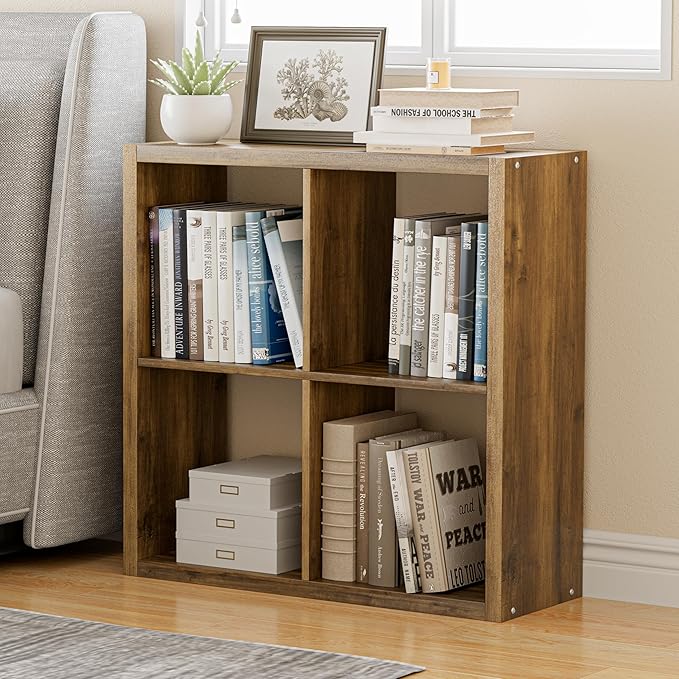 Cube Storage Organizer Bookcase, Decorative 11 inch Open Back Cubical Shelf with Thickened Border, Display Bookshelf for Living Room, Home Office, Sturdy Room (Brown, 4 Cube)