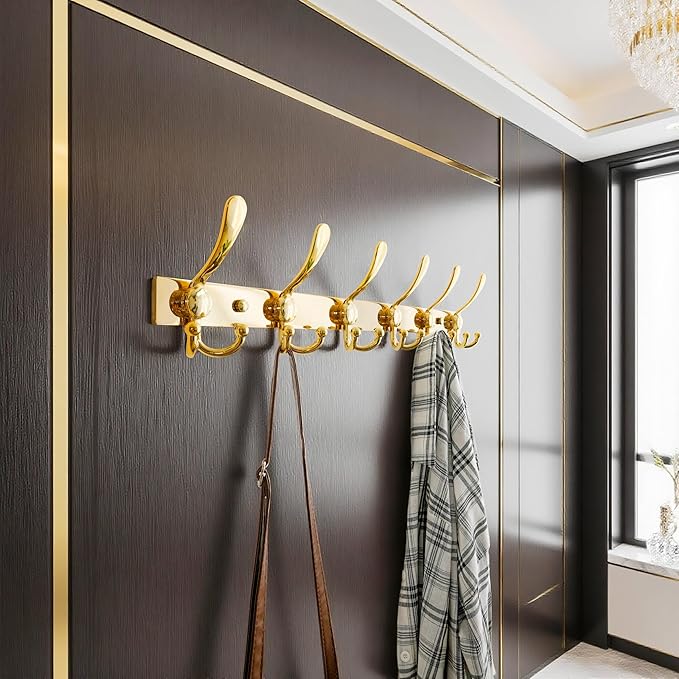 Dseap Coat Rack Wall Mount 2.0 Pro: 24” Long, 3X Tougher, Heavy Duty Stainless Steel Wall Coat Hanger with 6 Tri Hooks for Clothes Jackets Hats Entryway Closet, Gold