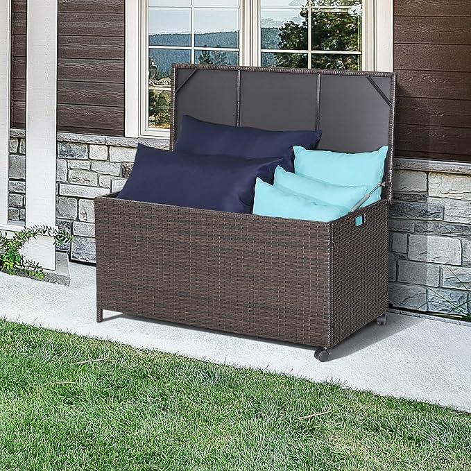 RELAX4LIFE Patio Rattan Storage Box - 50 Gallon All-Weather Wicker Storage Box w/Top Lid, Protective Liner and Wheels, Outdoor Deck Box Waterproof for Cushions, Toys, Garden Tools