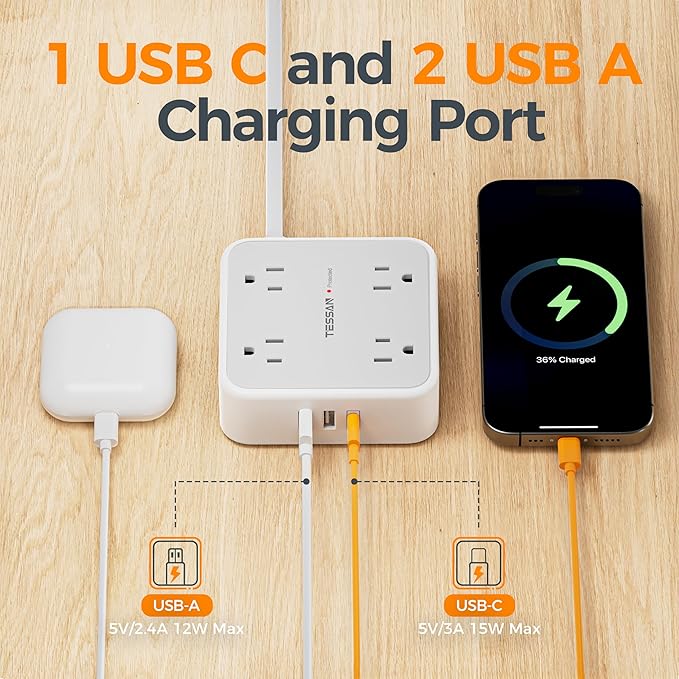 TESSAN Surge Protector Power Strip, 5 Ft Flat Plug Extension Cord with 3 USB (1 USB C) 8 Outlets, 1250W, 900J Protection, 3 Sided Outlet Extender with Power Switch for Office, Dorm Room Essentials