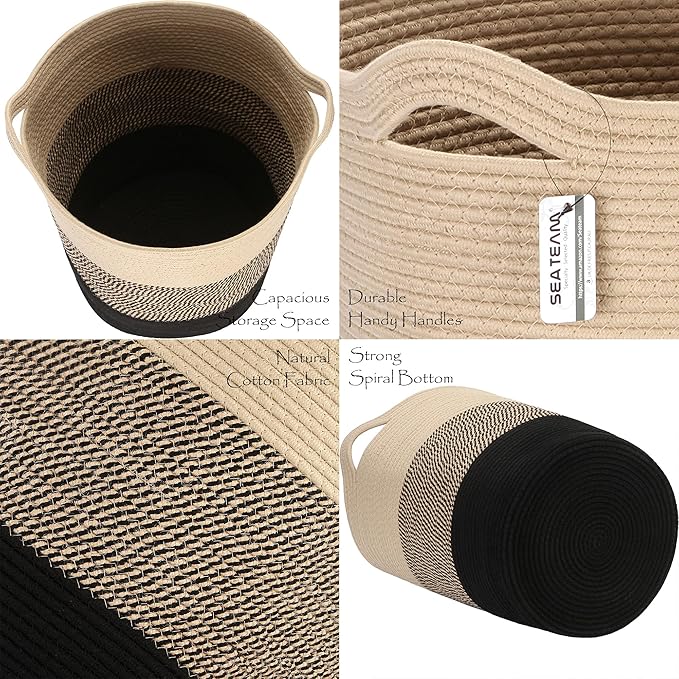 Sea Team Large Size Cotton Rope Woven Storage Basket with Handles, Laundry Hamper, Fabric Bucket, Drum, Clothes Toys Organizer for Kid's Room, 20 x 14 inches, Round Open Design, Flaxen & Black