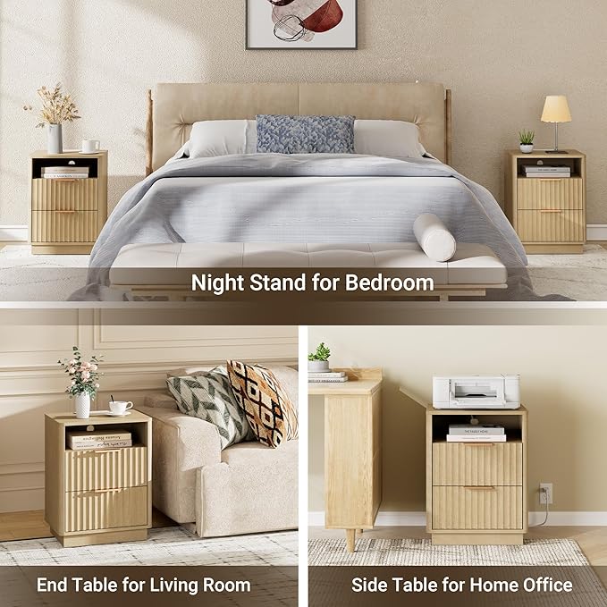 Fluted Nightstand with Charging Station, 18" Mid-Century Modern Night Stand, 2 Drawers End Table with Storage, Bedside Table for Bedroom Sofa Home Office, Curved Profile (Natural Oak)