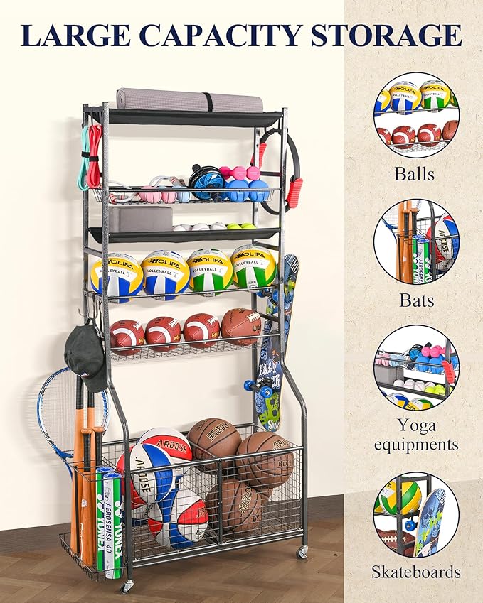 Mythinglogic Sports Equipment Garage Organizer,Garage Ball Storage for Sports Gear and Toys, Rolling Ball Cart with Wheels for Indoor/Outdoor Use