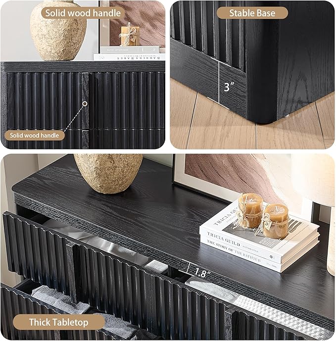 Black Fluted Dresser for Bedroom, 47" Wide 6 Drawer Dresser, Modern TV Stand Set, Curved Profile Design, Chest of Drawers with Solid Wood Handle for Living Room, Bedroom, Hallway